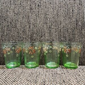 Set of Four 4" Uranium Glass Hand Painted Green Glasses
